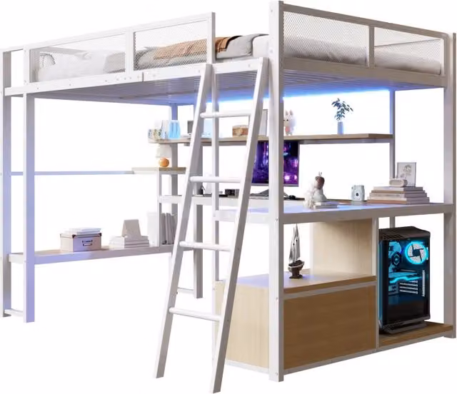 Letto a soppalco gaming bianco con scrivania integrata, luci LED sottobasso e porta USB, struttura in metallo e MDF per camera ragazzi, L/P/H: 200 x 140 x 176,4 cm – 1