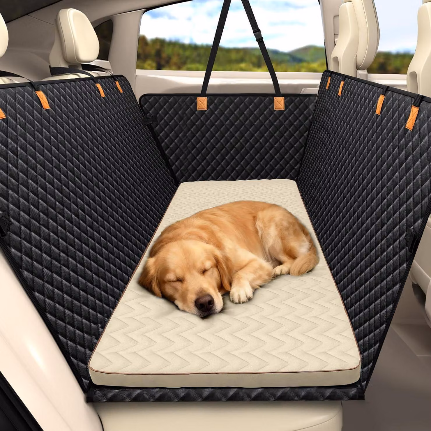 Cuscino per cani per il sedile posteriore, cuccia per animali domestici per auto, coprisedile antiscivolo, colore crema, taglia M (137x46 cm)