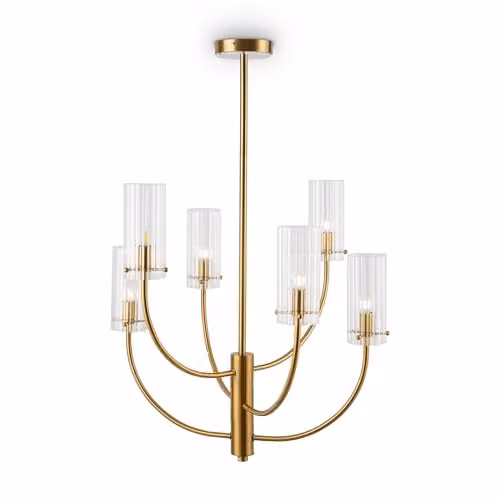 Lampadario Contemporaneo Arco Metallo Ottone 6 Luci Diffusori In Vetro