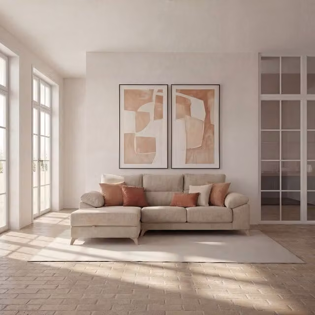 Divano angolare Banak Dandy a 4 posti con chaise longue sinistra, colore beige, stile scandinavo con vano contenitore e poggiatesta regolabile