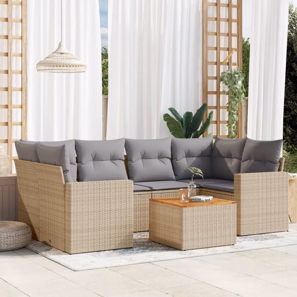 vidaXL Set Divano da Giardino a L 7 pz in Polyrattan con Cuscini Beige e Grigio – 1