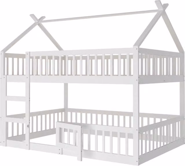 Letto a soppalco matrimoniale per bambini con struttura a casetta e scala integrata, colore bianco, L/P/H: 200 x 140 x 205 cm