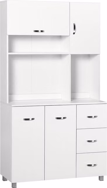 Credenza da cucina moderna HOMCOM in legno bianco con cassetti, armadietti e ripiani aperti, L 100 cm x P 39,5 cm x H 183,5 cm