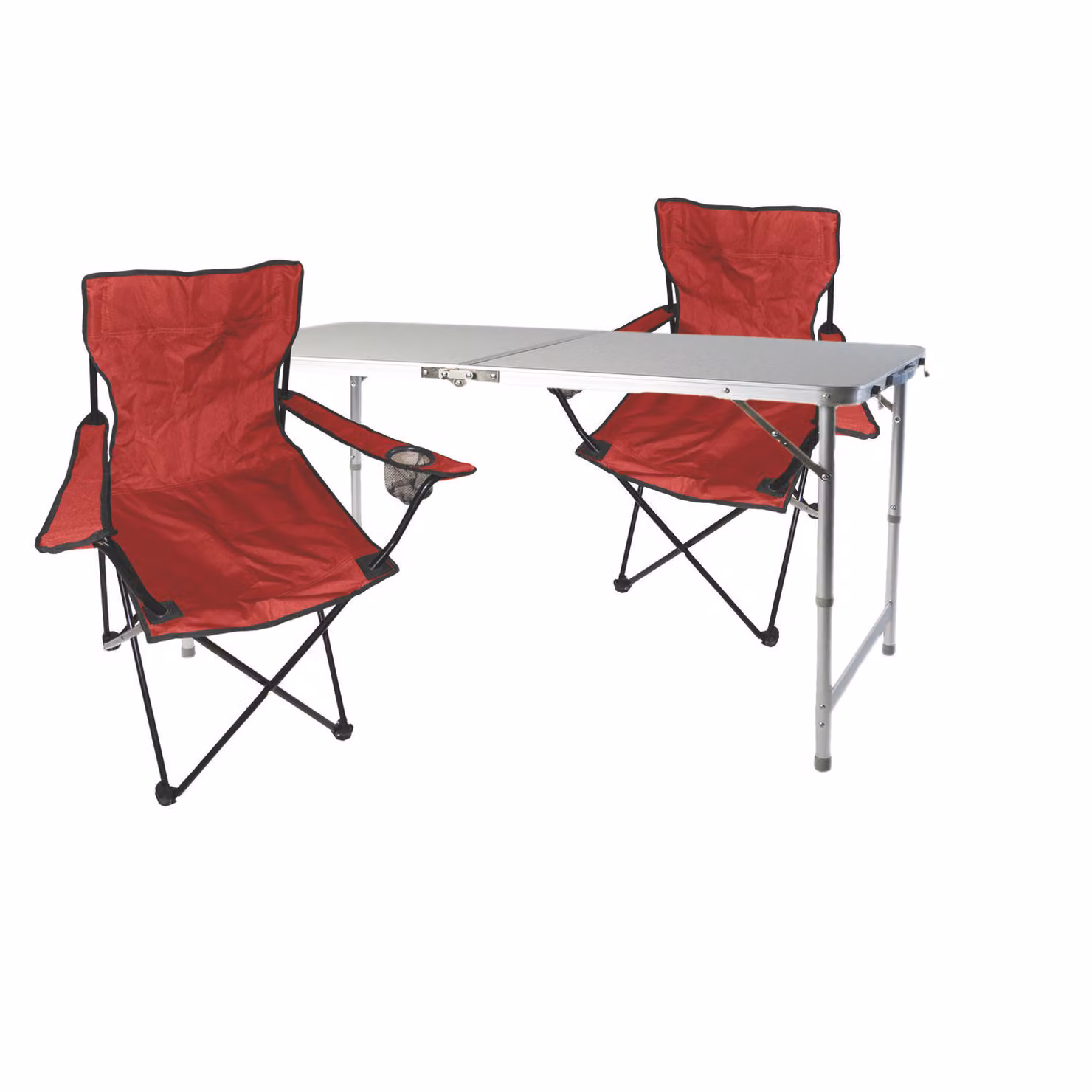 Set da campeggio composto da 3 elementi: tavolo rosso con altezza regolabile e due sedie con borsa per il trasporto