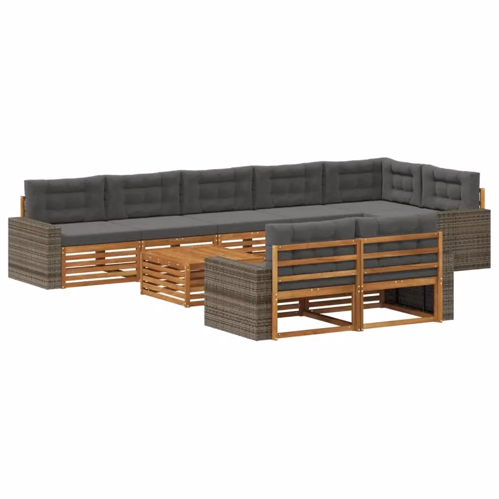 Set di divani da esterno vidaXL a forma di U in legno di acacia con cuscini grigi, 9 pezzi – 2