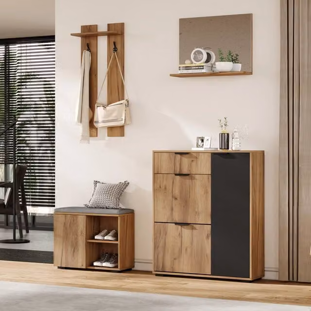 Set per ingresso 140x35x139 cm con scarpiera; panca; ganci appendiabiti e specchio in pannello truciolare naturale