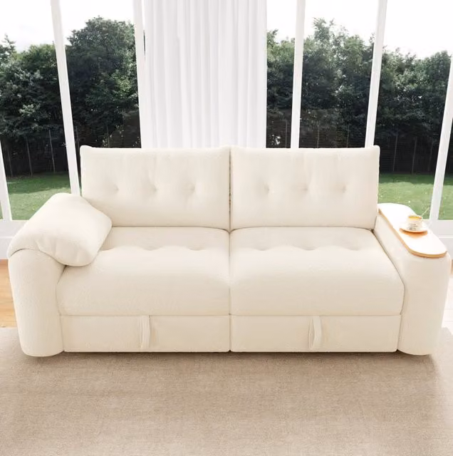Divano modulare ULEVR 207,5x80x87 cm con vani contenitore, poggiatesta e tavolino girevole, rivestimento teddy beige