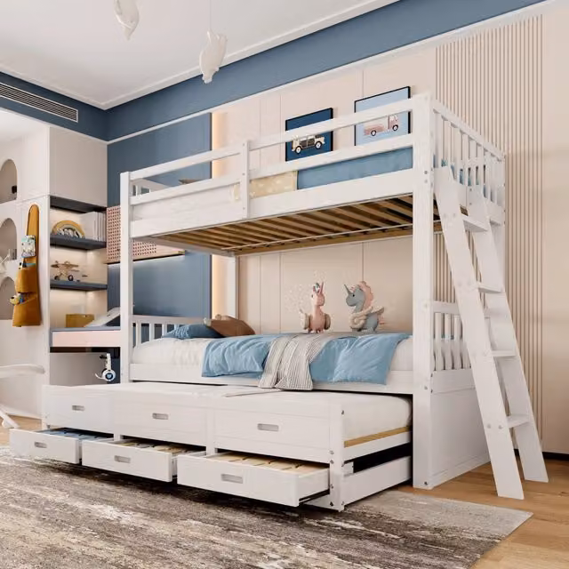 Letto a castello 90x200 cm bianco – 3 cassetti e letto estraibile, senza materasso