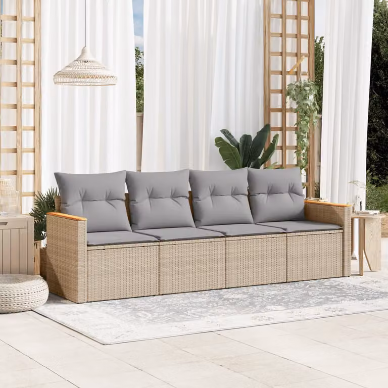 Set Divano da Giardino 4 pz vidaXL in Polyrattan con Cuscini Beige e Rivestimenti Rimovibili