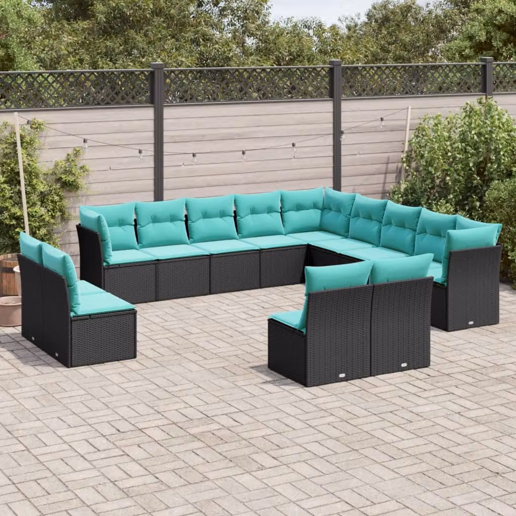 Set di divani da giardino vidaXL a forma di U composto da 13 pezzi con cuscini blu e nero in rattan e metallo