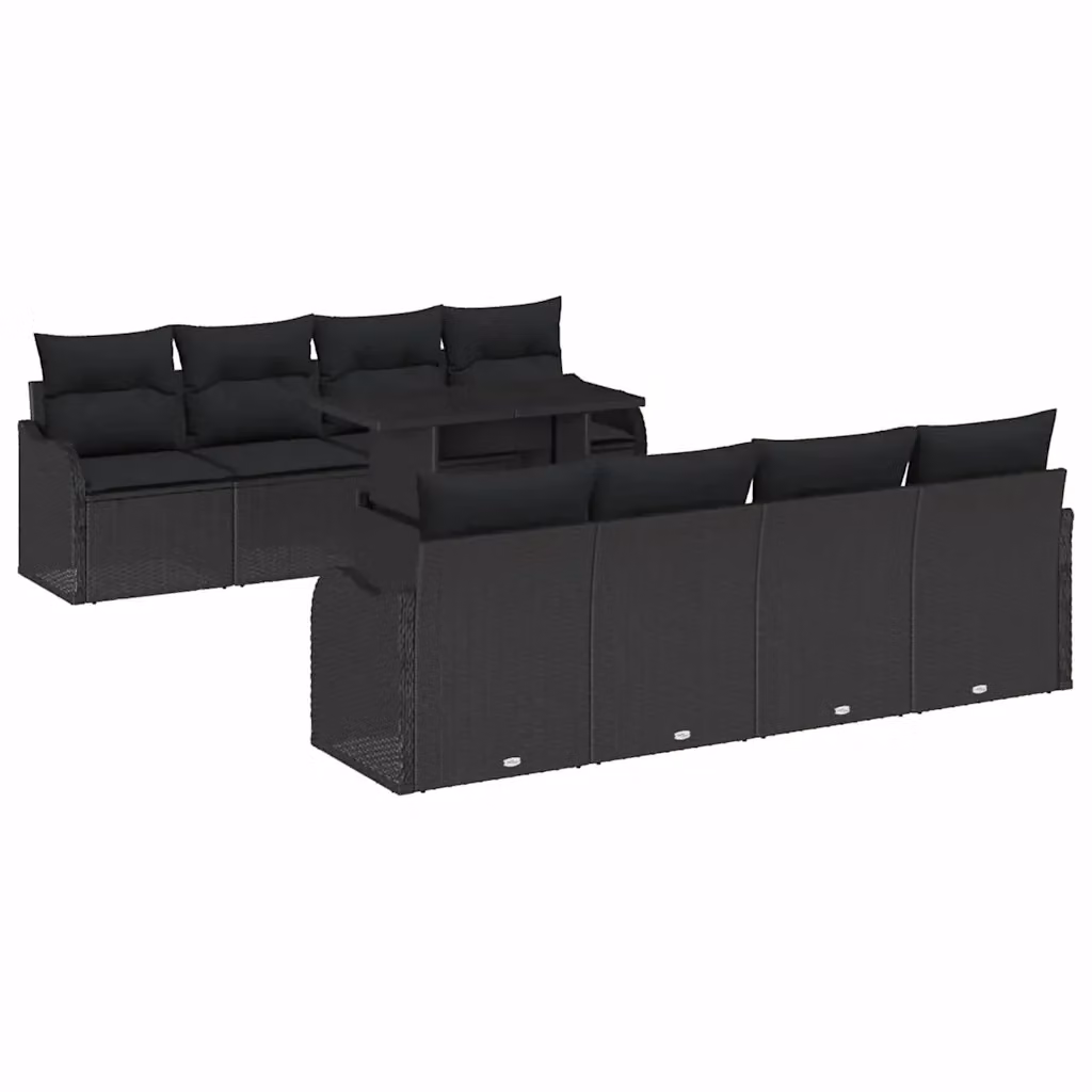 Set Divano da Giardino vidaXL in Polyrattan Nero con Cuscini e Tavolino da 9 Pezzi per 8 Persone – 2