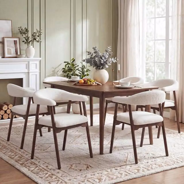 Set 6 Sedie da Pranzo ¨C Minimal ¨C Colore Noce e Beige, Legno Massello, Rivestimento Boucle, Stile Moderno