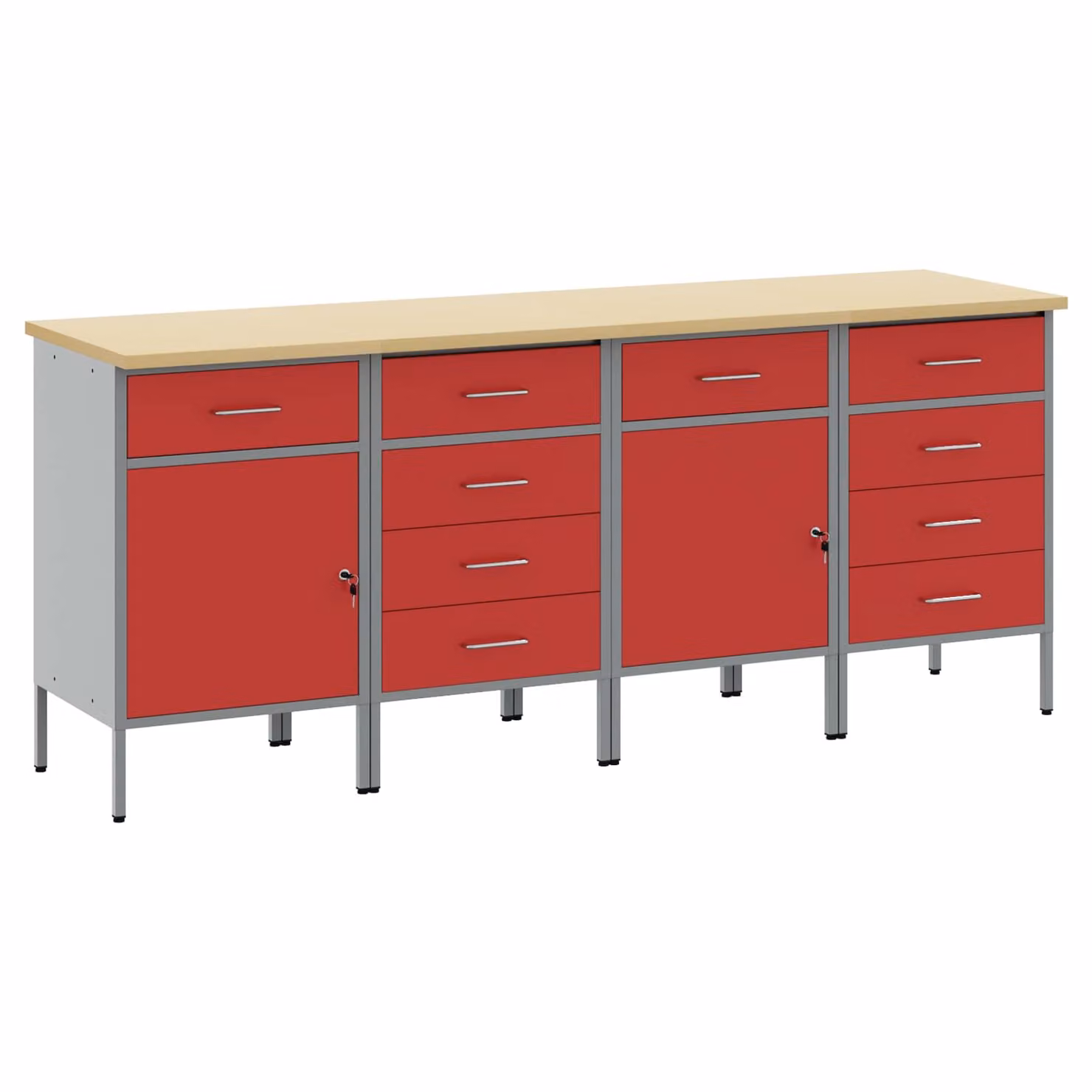vidaXL Carrello da lavoro mobile 4 pezzi in acciaio e legno, Rosso e Grigio, L: 200 cm, P: 55 cm, H: 85 cm