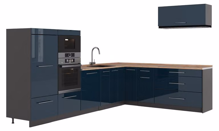 Cucina angolare completa Vicco Fame-Line Blu scuro lucido/Antracite 327 x 227 cm, PL Rovere, Model 64365