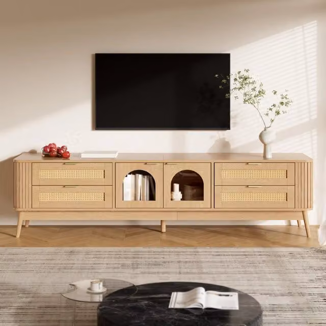 Mobile TV Mivray beige con quattro cassetti, ante in vetro di sicurezza arcuato e illuminazione LED integrata, L 180 cm x P 40 cm x H 50 cm – 1