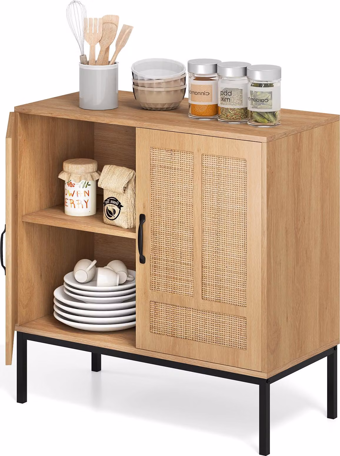 Credenza KOMFOTTEU con 2 ante in rattan, mobile da cucina con 3 ripiani regolabili, mobile buffet con gambe in metallo e protezione antiribaltamento, credenza buffet per soggiorno, sala da pranzo (naturale)
