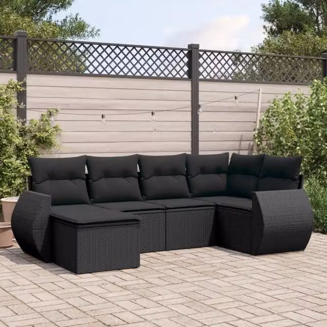 Set Divano da Giardino 6 pz con Cuscini Nero in Polyrattan 3253992