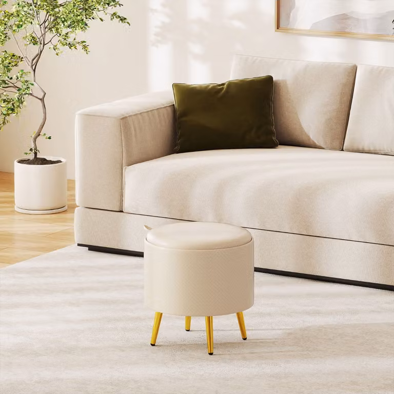 Set di 2 pouf contenitori rotondi Costway in finta pelle beige con vassoi e struttura in metallo per soggiorno e camera da letto