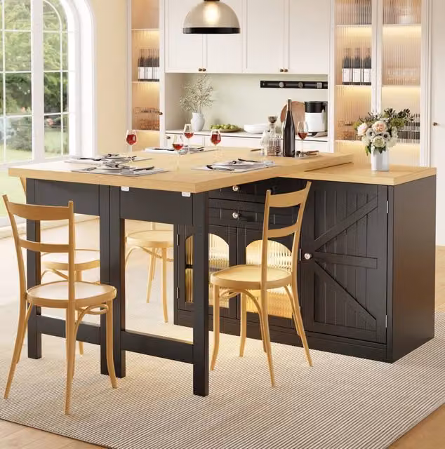 Isola cucina allungabile con piano girevole 360°; 120-194 cm; MDF e metallo nero