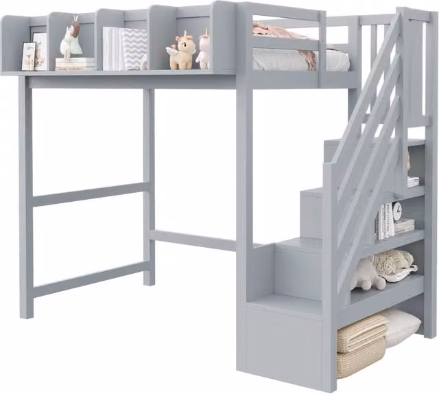 Letto a soppalco 90x200 cm con LED; ripiani e scala con vani in pino; grigio