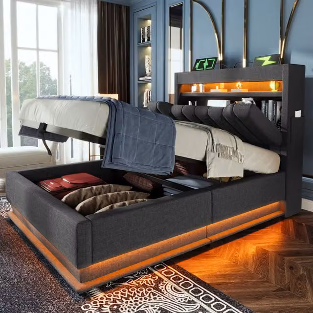 Letto Singolo 90x200 Imbottito in Lino Grigio con Contenitore Idraulico e Illuminazione LED Integrata