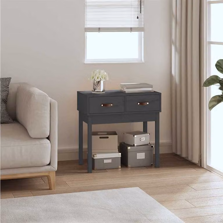 vidaXL Tavolo Consolle in Legno Massello di Pino Grigio L: 76,5 cm, P: 40 cm, H: 75 cm