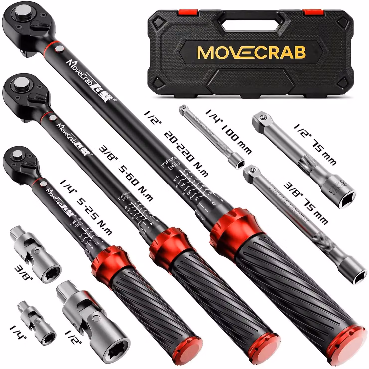 Set di chiavi dinamometriche - MC9PCS - 9 pezzi - 0,64/0,95/1,27 cm - 5–25/5–60/20–220 Nm - Regolabile, bilaterale - Scala doppia, precisione ±3% - Manico realizzato con tecnologia CNC