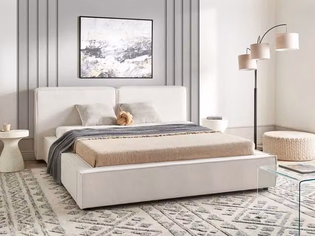 Letto matrimoniale in tessuto bianco sporco con struttura a doghe 160 x 200 cm stile classico camera da letto