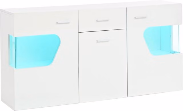 Sideboard bianco lucido 140x33x70 cm con 3 ante, vetro temperato e luci LED integrati