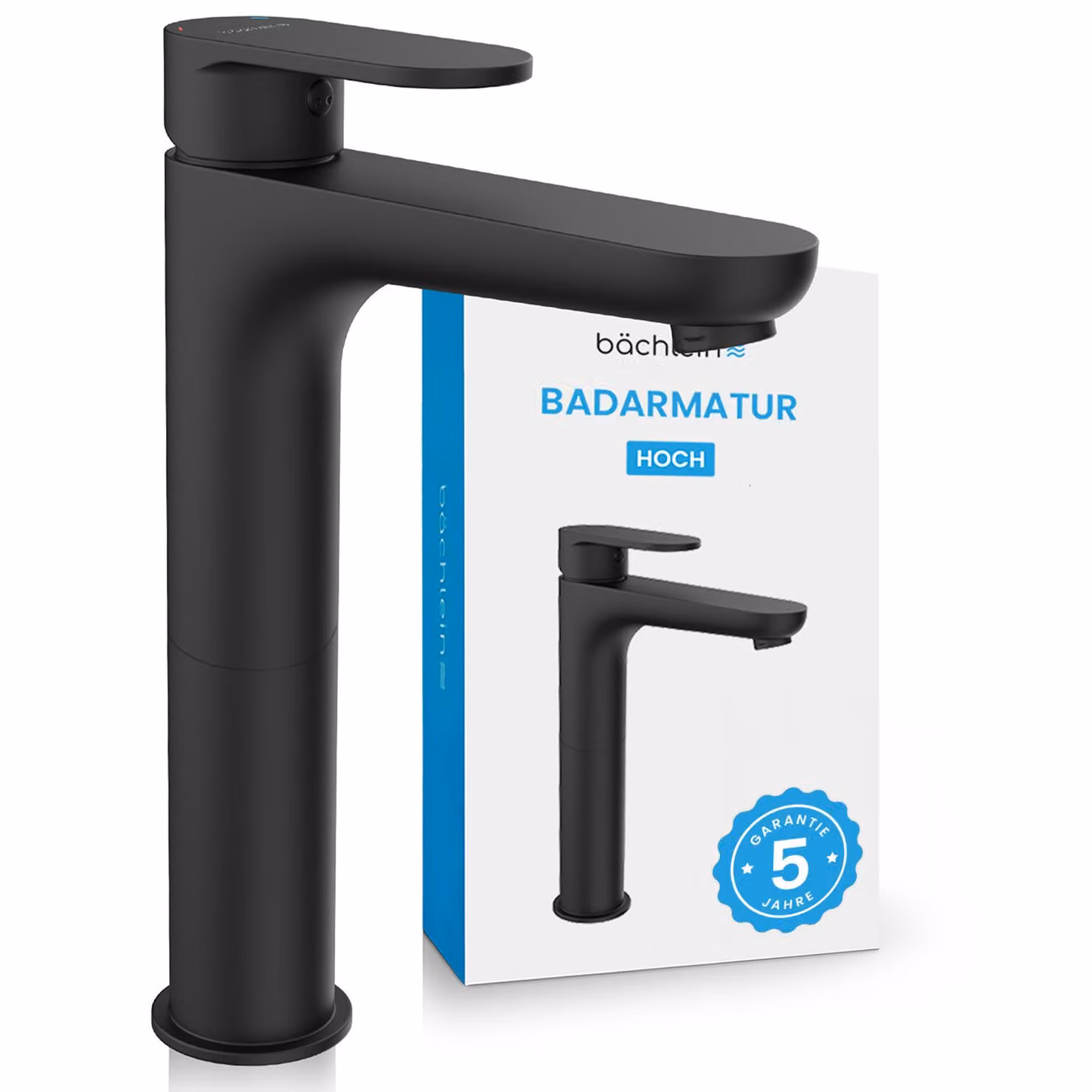Rubinetto alto per bagno Bächlein dal design classico, miscelatore monocomando extra alto per lavabo da appoggio con set di installazione, miscelatore per bagno nero