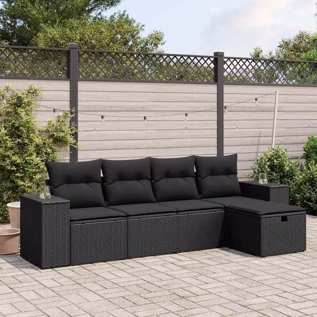 vidaXL Set Divani da Giardino a L 5 Pezzi con Cuscini in Polyrattan e Acciaio Nero – 1