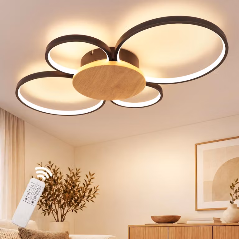 ZMH Lampada da soffitto a LED, 4 luci, design a cerchio, effetto legno, finitura nera opaca, dimmerabile con telecomando, ideale per interni, salotto, camera da letto, cucina