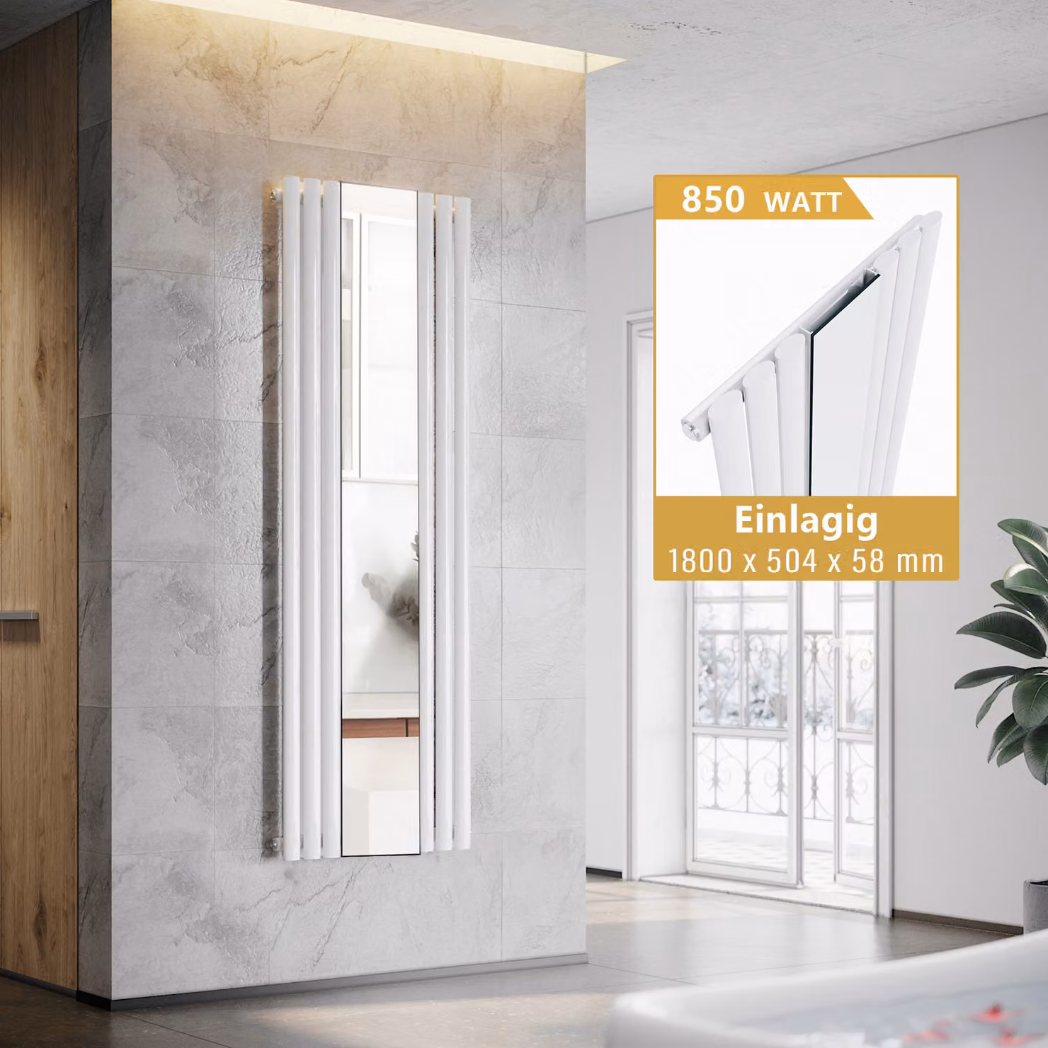 SONNI - Radiatore a tubi verticali con specchio, colore bianco, dimensioni 1800x504 mm, senza resistenza riscaldante