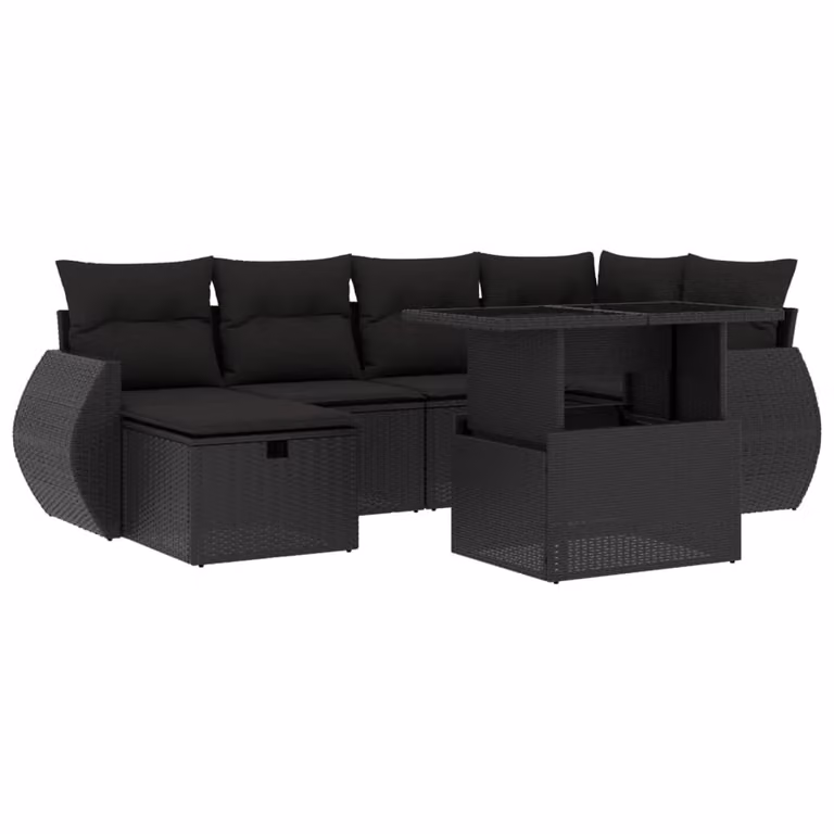 Set Divani da Giardino con Cuscini 7pz Nero Polyrattan