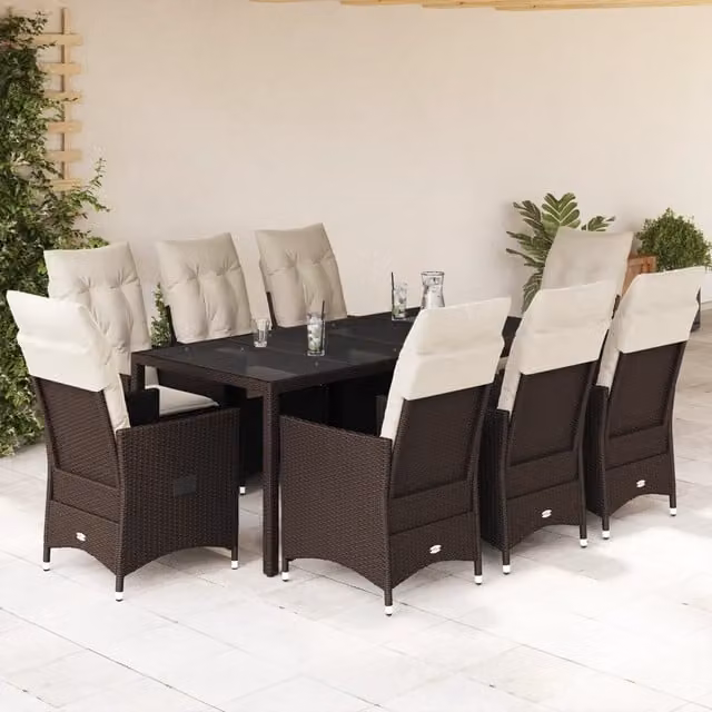 Set da pranzo da giardino vidaXL in polyrattan marrone e bianco con cuscini e piano in vetro, 9 pezzi