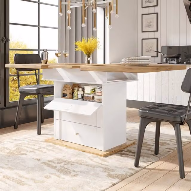 Tavolo da pranzo allungabile con vano nascosto e anta pieghevole, MDF bianco e naturale, 110-140 × 80 × 75 cm