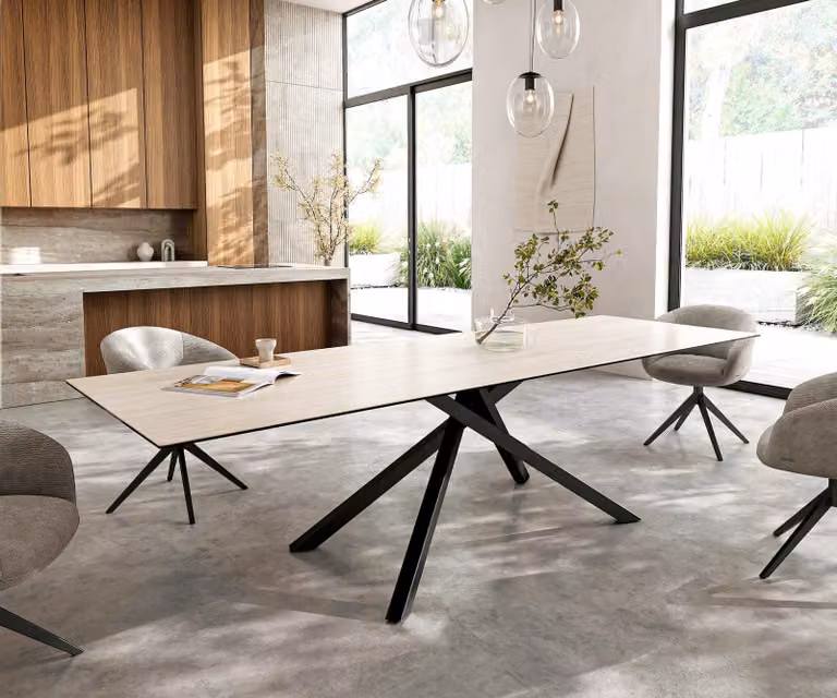 DELIFE Tavolo da pranzo Edge 300x100 cm in Vetroceramica Laminam®Travertino Bianco crema-bianco telaio a croce rettangolare nero