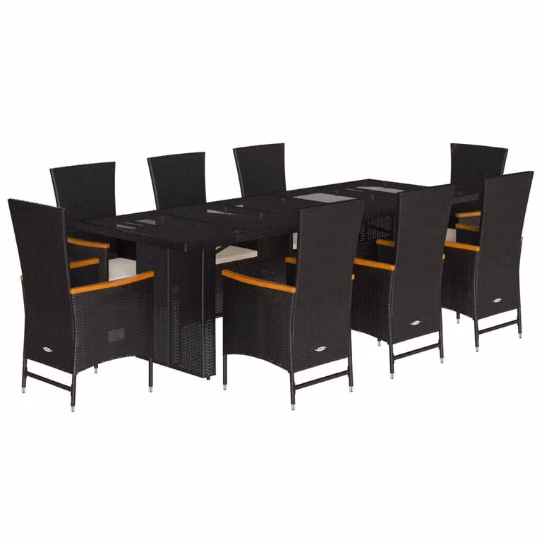 Set da Pranzo da Giardino 9 pz con Cuscini Nero in Polyrattan