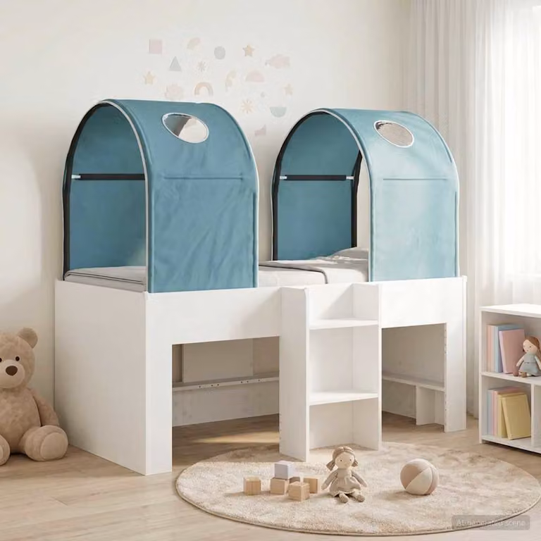 Letto per bambini vidaXL con tunnel, 3 pezzi, Bianco e azzurro, in legno ingegnerizzato, L: 120 cm, P: 101 cm, H: 163 cm