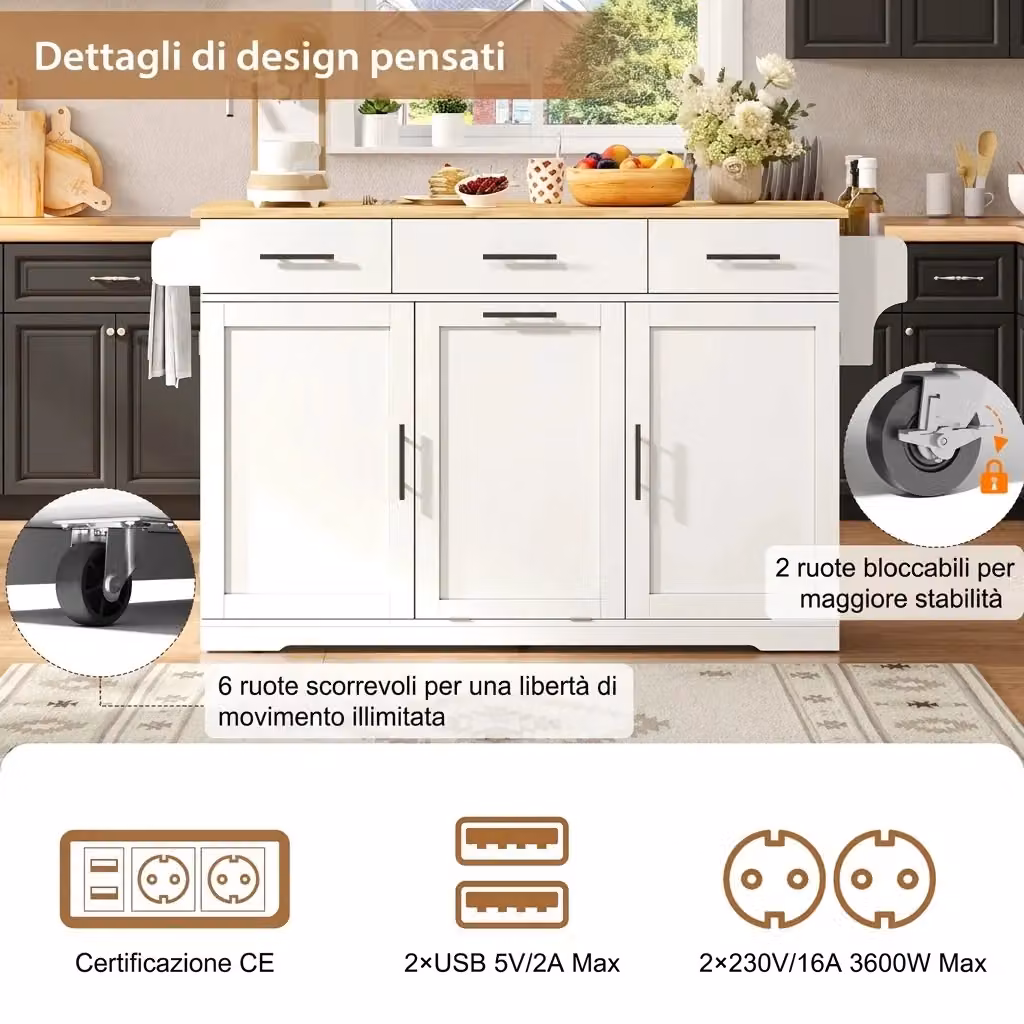 Isola cucina con ruote Vovees Living con piano pieghevole, pattumiera, 3 cassetti e prese elettriche, finitura bianco e legno, L: 136 cm, P: 63,4 cm, H: 92 cm – 2