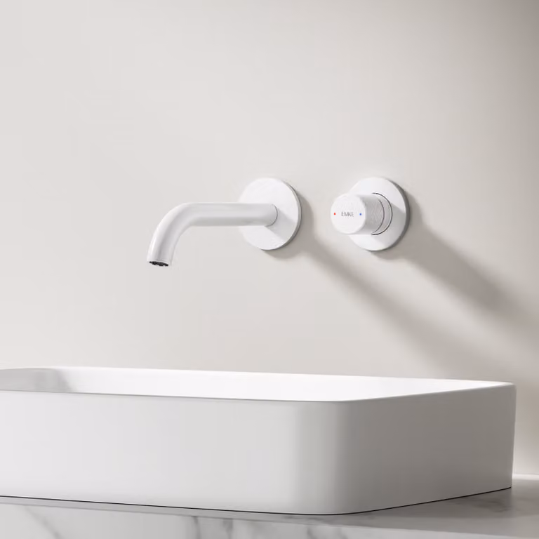 EMKE rubinetto da incasso a parete, orientabile a 360°, rubinetto a 2 fori in ottone per bagno, montaggio a parete per lavabo, 288 x 210 x 70 mm, bianco