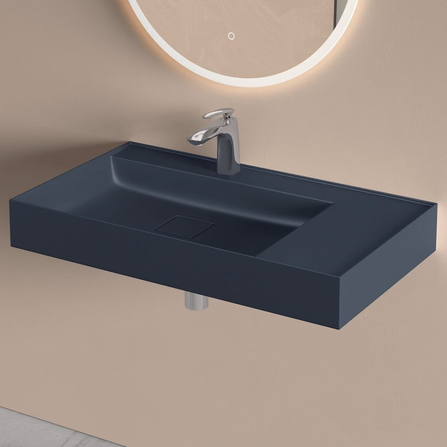 doporro Lavabo Bagno Sospeso 70 cm Rettangolare in Resina Antracite Opaco con Vasca Integrata a Sinistra e Piletta Inclusa Colossum630