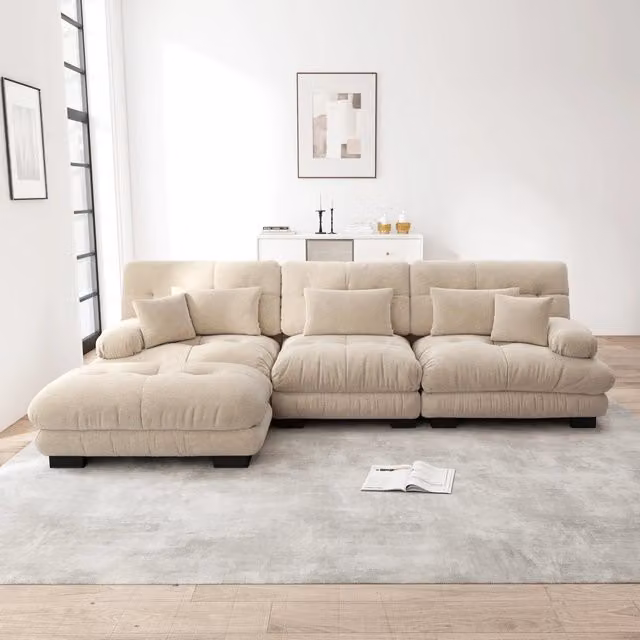 Divano Angolare Modulare Minimal con Chaise Longue in Velluto a Coste Beige Chiaro