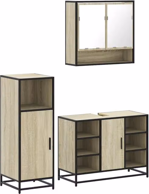 Set Mobili da Bagno | Armadio da bagno 3 pz Rovere Sonoma in Legno Multistrato