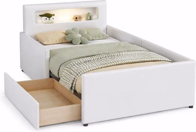 Letto singolo per bambini 90x200 cm con cassetti; luce LED e USB in ecopelle bianca