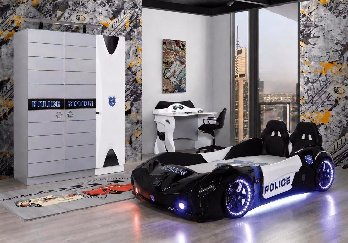 Polizia, letto a forma di automobile, lettino per bambini, auto da corsa, lampada LED, armadio, scrivania
