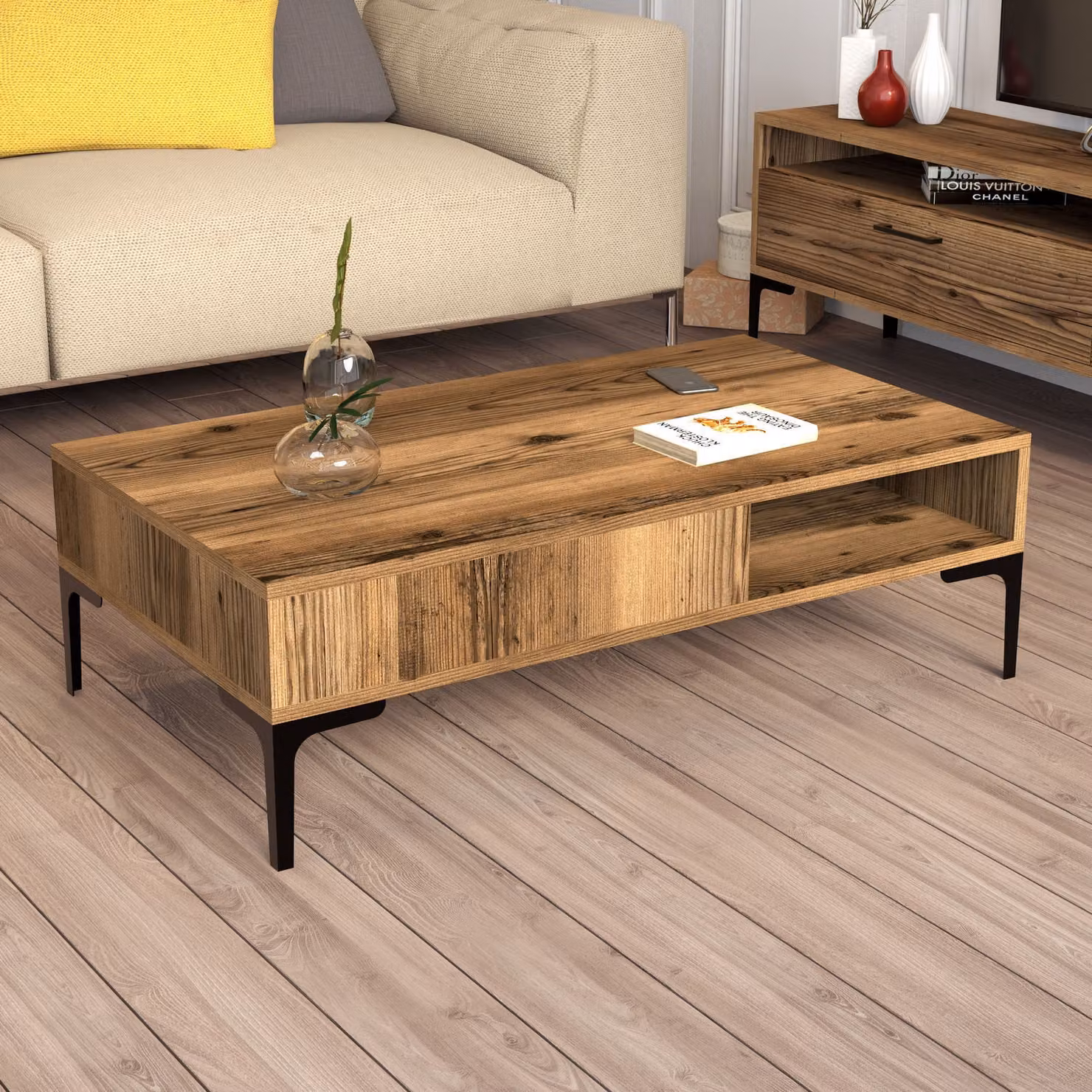 Skye Decor, tavolino di alta qualità, noce, 105 x 32,6 x 60 cm | Pannello truciolare rivestito al 100% in melamina, spessore 18 mm | Gambe in metallo da 17 cm | Stile moderno e industriale per la tua casa.
