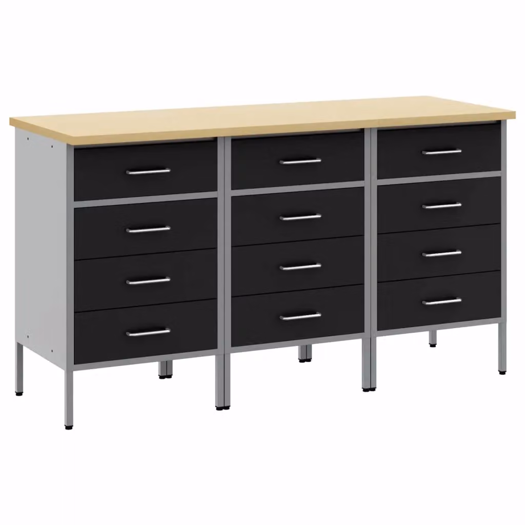 Set di 3 mobili da lavoro vidaXL in acciaio e legno, Nero e Grigio, L: 150 cm, P: 55 cm, H: 85 cm – 2
