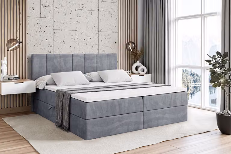 Letto boxspring ALTDECOR con materasso H4 e topper - 200 x 200 cm - MOETI - Velluto grigio - Letto imbottito con contenitore e rete a doghe, letto con spazio contenitivo