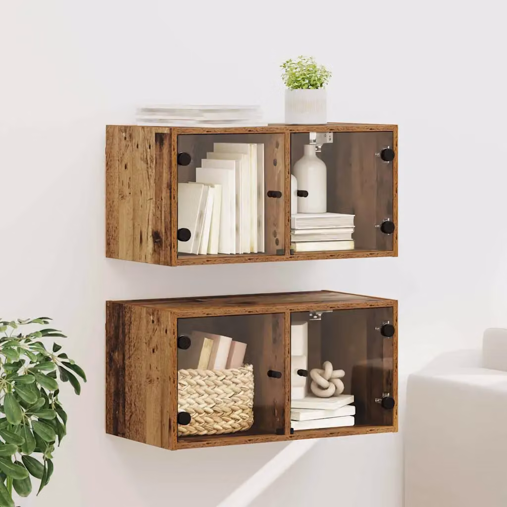 Set di 2 armadi da parete vidaXL in legno e vetro marrone con ante in vetro e ripiani interni, L/P/H: 68 x 37 x 35 cm